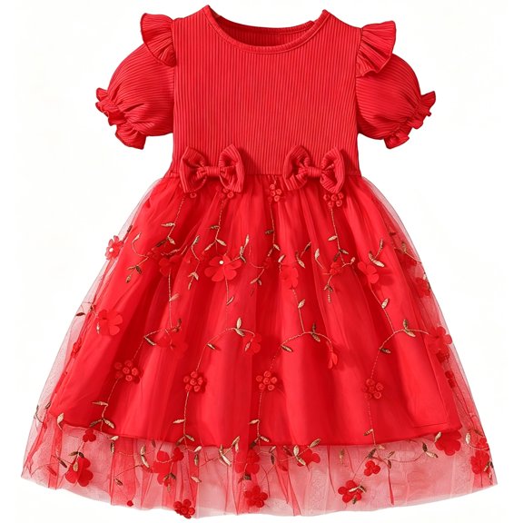 IPIO Girls Red Floral Embroidered Tulle Dress with Puff Sleeves and Bow Accents, Holiday Party Dress