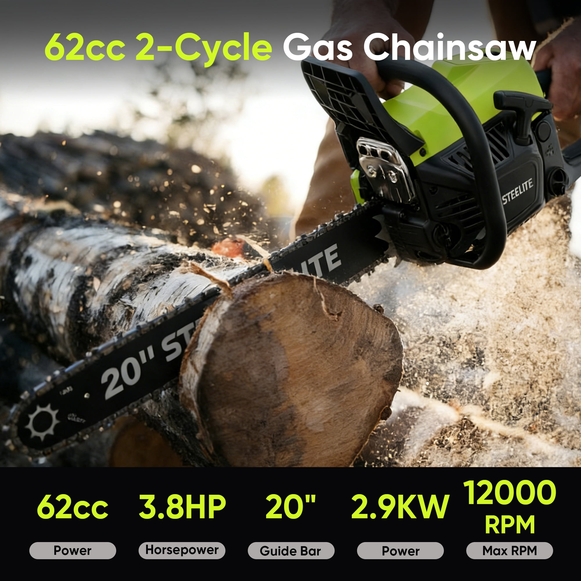 Steelite 62CC Gas Powered Chainsaw,20 Inch 2-Stroke Petrol Handheld Cordless Chain Saw,Gasoline Gas Chainsaws for Wood Cutting, Tree Trimming