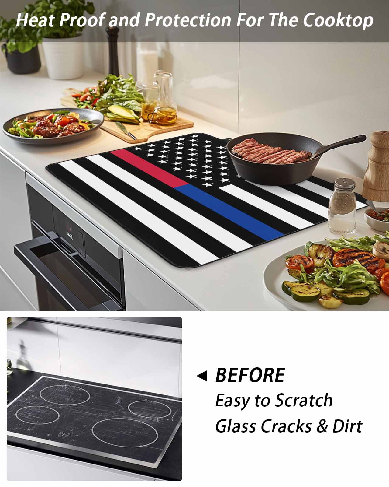 Stove Top Covers for Electric Stove, Thin Red Blue White Line Glass Stovetop Cover Protector, American Flag Star Induction Cooktop Protector Oven Mat for Kitchen Countertop 31"x24"