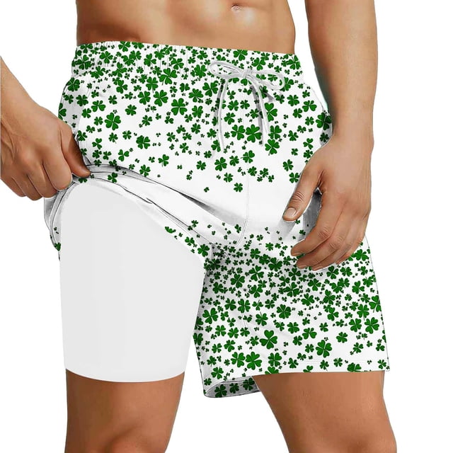 Ceisia Men's 2-in-1 Quick Dry Swim Trunks St. Patrick's Day Clover Print Elastic Waist Beach Shorts with Compression Liner Gift