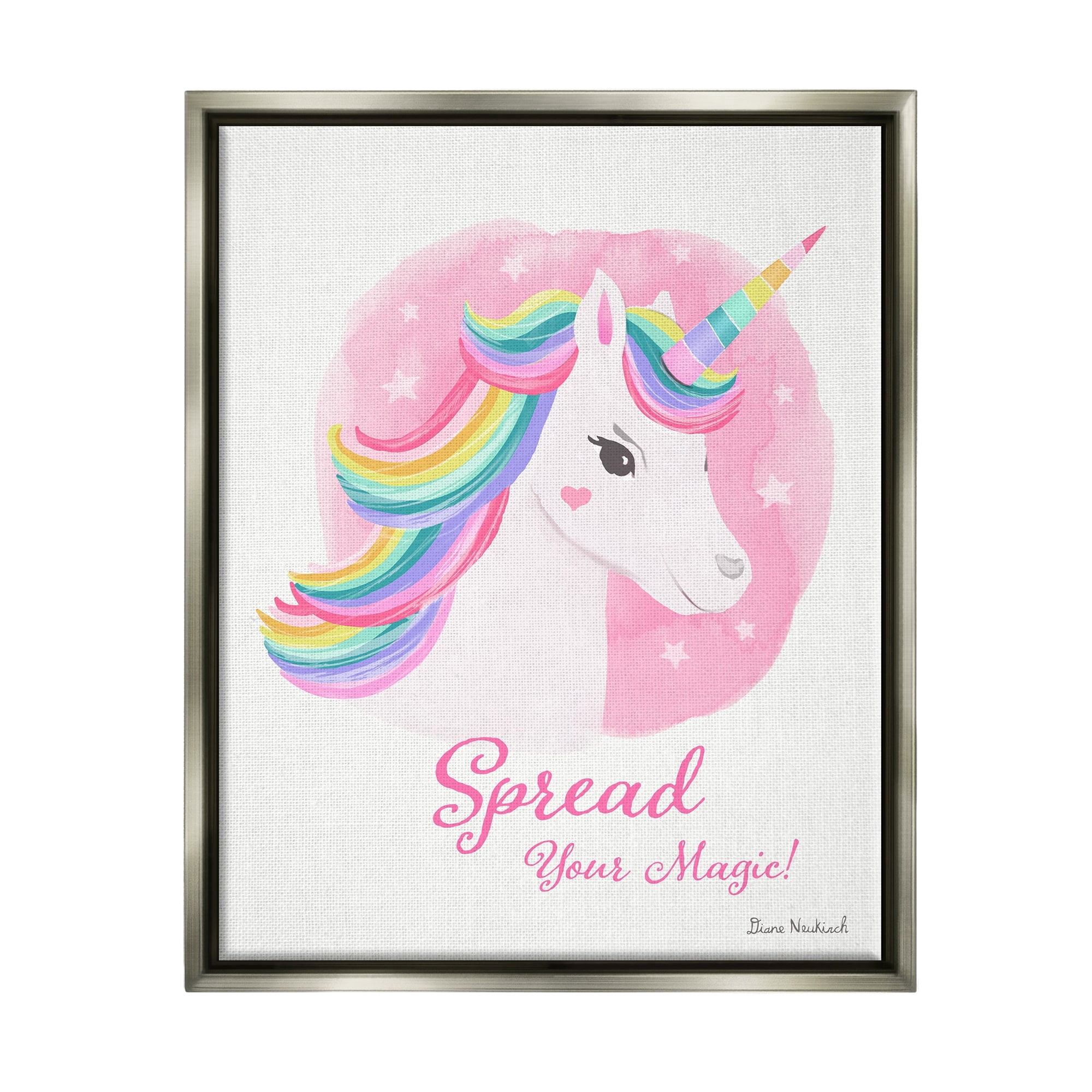 Stupell Industries Spread Your Magic Fantasy Rainbow Unicorn Mane Graphic Art Luster Gray Floating Framed Canvas Print Wall Art, Design by Diane Neukirch