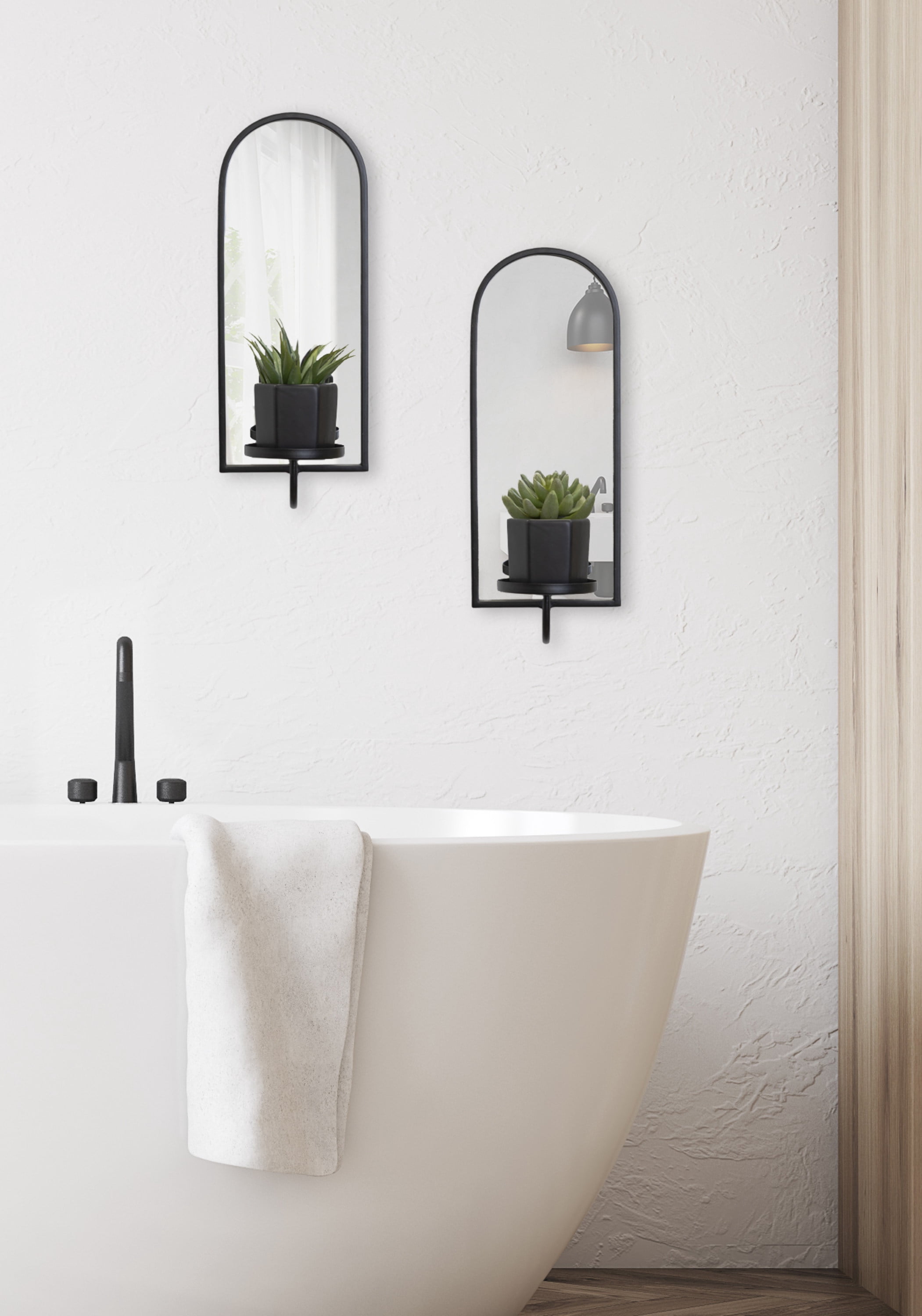 Kate and Laurel Ezerin Arched Mirror Wall Sconce, 6 x 5 x 16, Black, Modern Decorative Wall Sconce Candle Holder