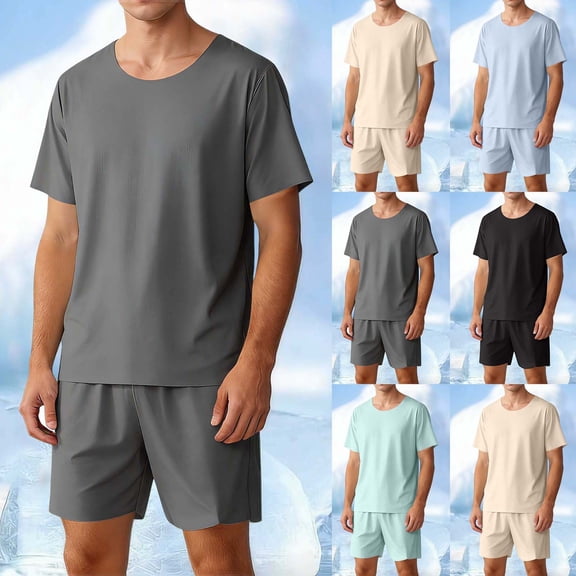 srobpty Mens Pajama Set Solid Short Sleeve Crew Neck Shirt Elastic Waist Shorts for Home Daily Wear