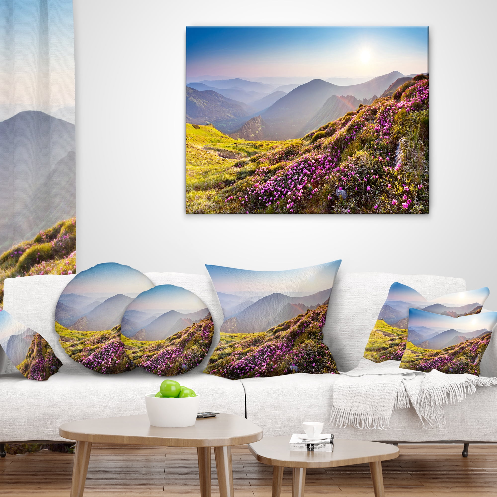 Designart Magic Pink Flowers on Mountains - Landscape Photography Throw Pillow - 18x18