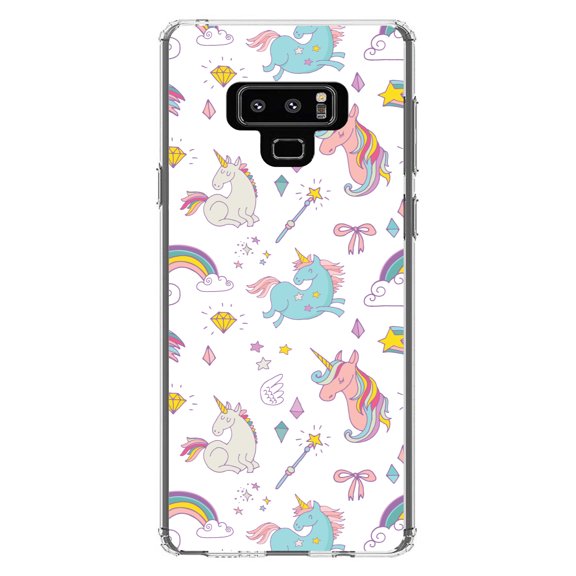 DistinctInk Clear Shockproof Hybrid Case for Samsung Galaxy Note 9 - TPU Bumper, Acrylic Back, Tempered Glass Screen Protector - Unicorn Rainbow Wand Pattern - White