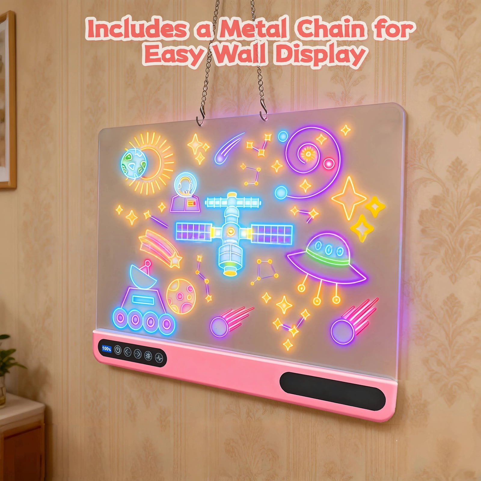16 inch Rechargeable LED Drawing Board for Kids, 10-Color Light up Doodle Pad, 1500mAh Battery, Digital Display, Touch Buttons & Built-in Stand, Pink