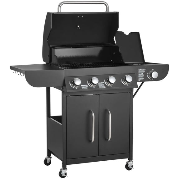 Gas Grill, 4 Burner Propane Gas Grill with Side Burner, 425 SQ.In Grilling Area, Carbon Steel Enamel Grates, Outdoor 52, 000 BTU Patio Garden BBQ Grills with Two Side Shelves, Carbon Steel