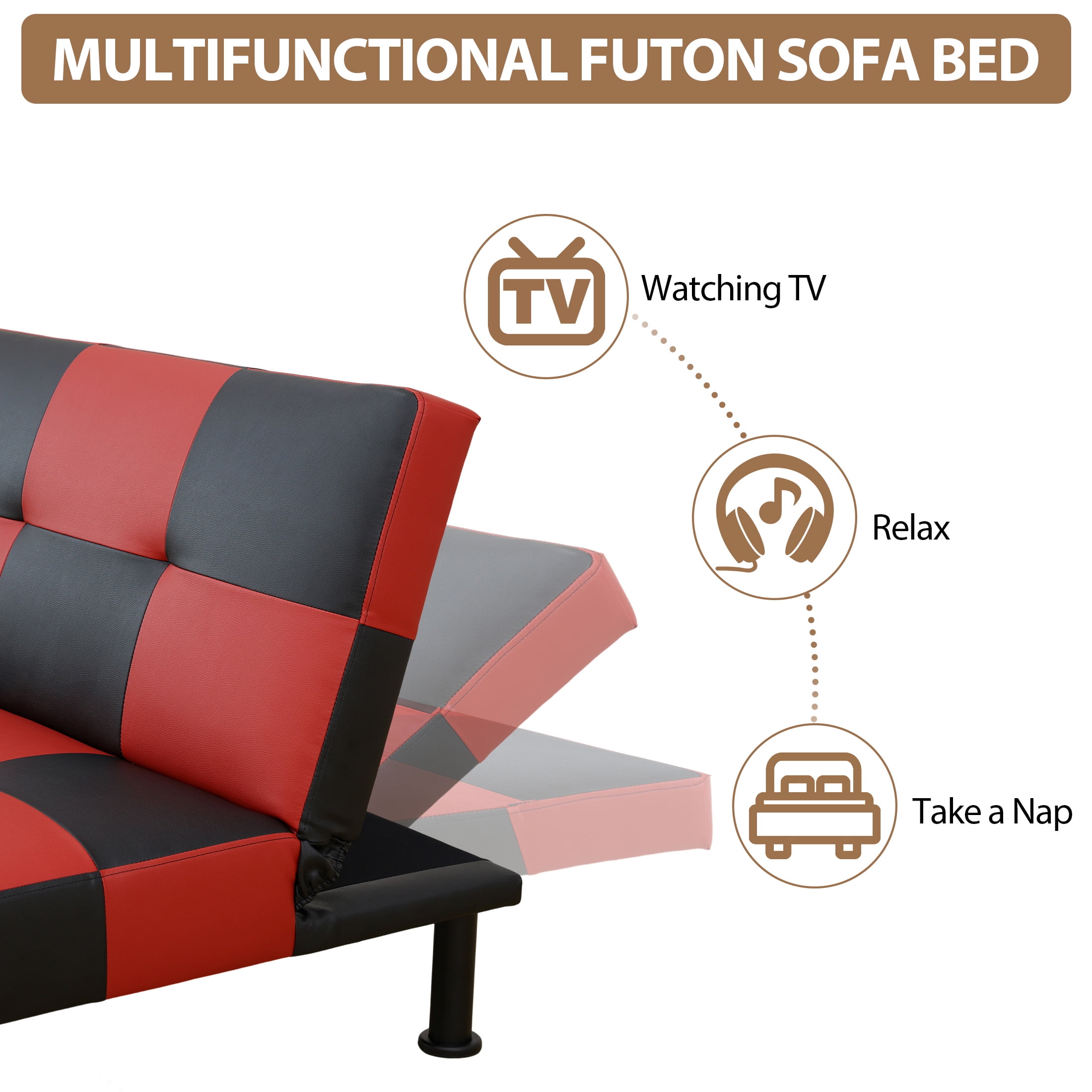 Aukfa Modern Futon Convertible Sofa Bed for Home Office, Leather, Black&Red