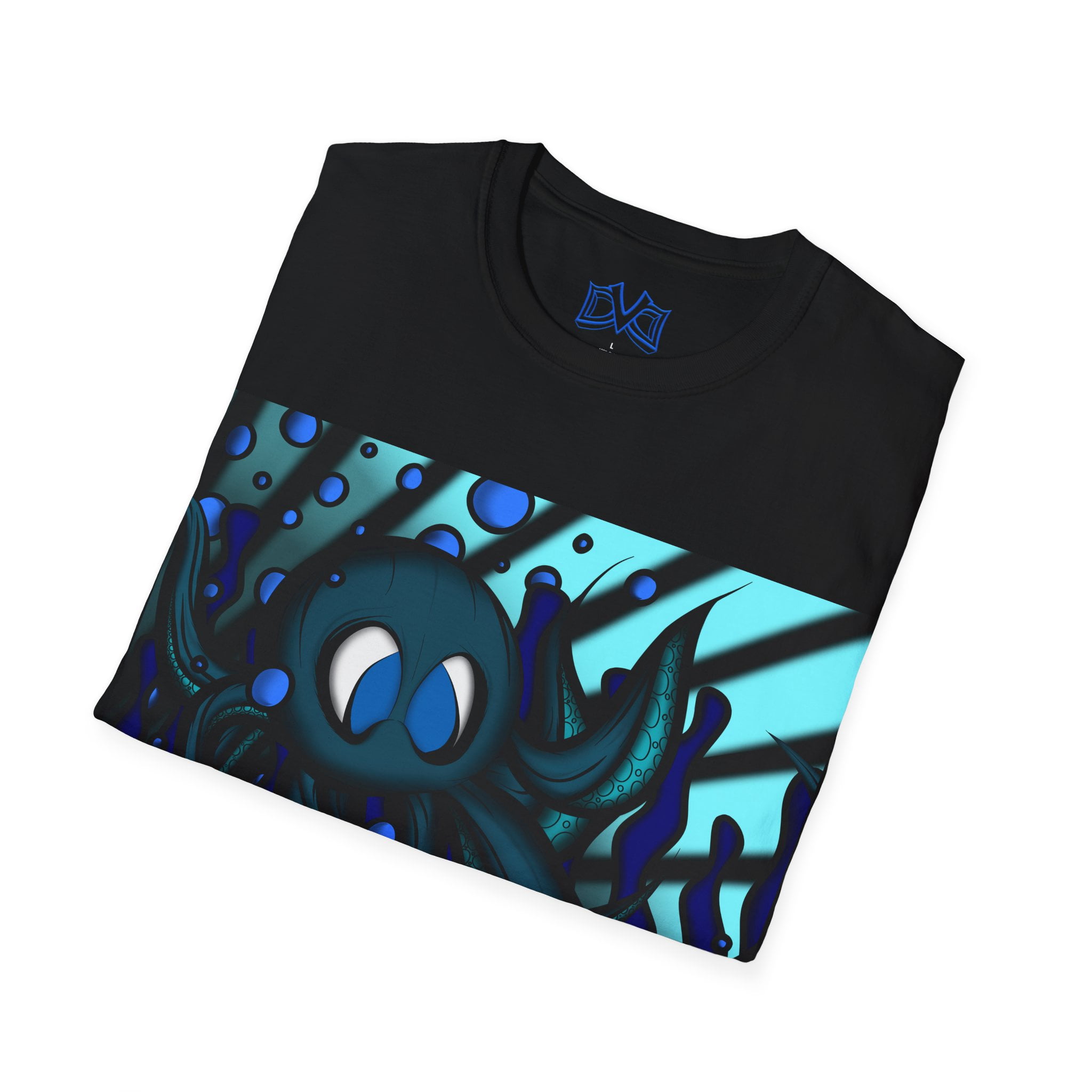 Octopus 9 tentacles, hand drawn art, skate & surf wear on a Unisex T Shirt.