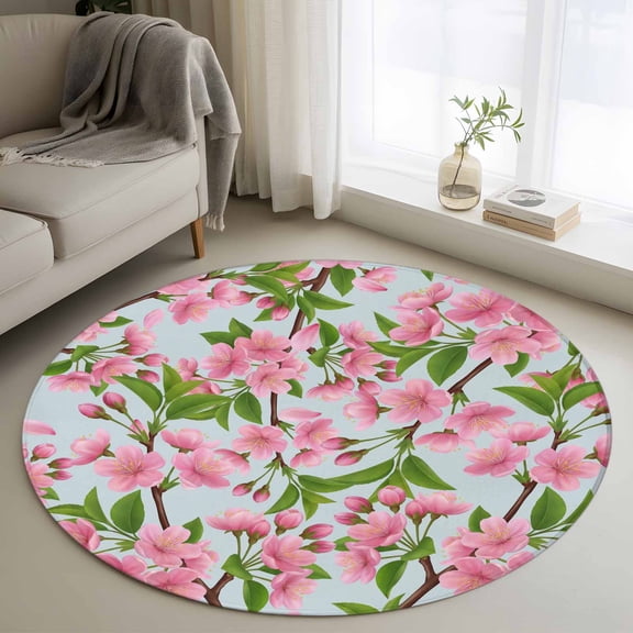 Spring Floral Round Area Rugs 3 ft, Watercolor Flower Green Leaves Blue Background Washable Small Area Rug with Non-Slip Sturdy Edge Binding Round Front Door Mat Floor Carpet for Entryway