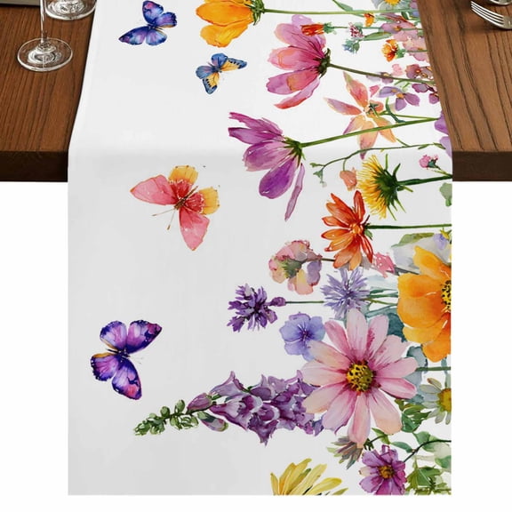 Table Runners 90 Inches Long Dress Scarves, Spring Floral Farmhouse Coffee/Dining/Kitchen Table Runner for Living Room, Farmhouse Flowers Butterfly Watercolor 13x90 Inch