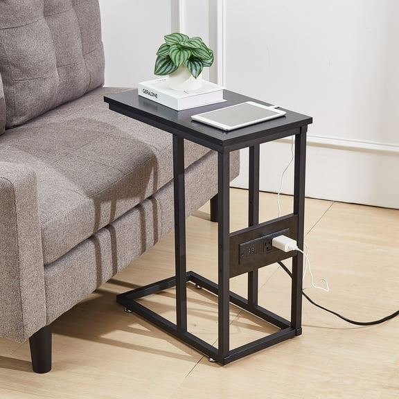 VECELO C Shaped End Table with Charging Station, Small Side Tables C Couch Table for Living Room, Bedroom, Sofa Table with USB Ports and Outlets for Small Spaces, Black