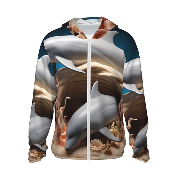 Balery Coral Fish Dolphin Sudadera ligera de manga larga con capucha y protección solar UPF 50+ para hombre y mujer, ideal para pesca y running-3X-Large