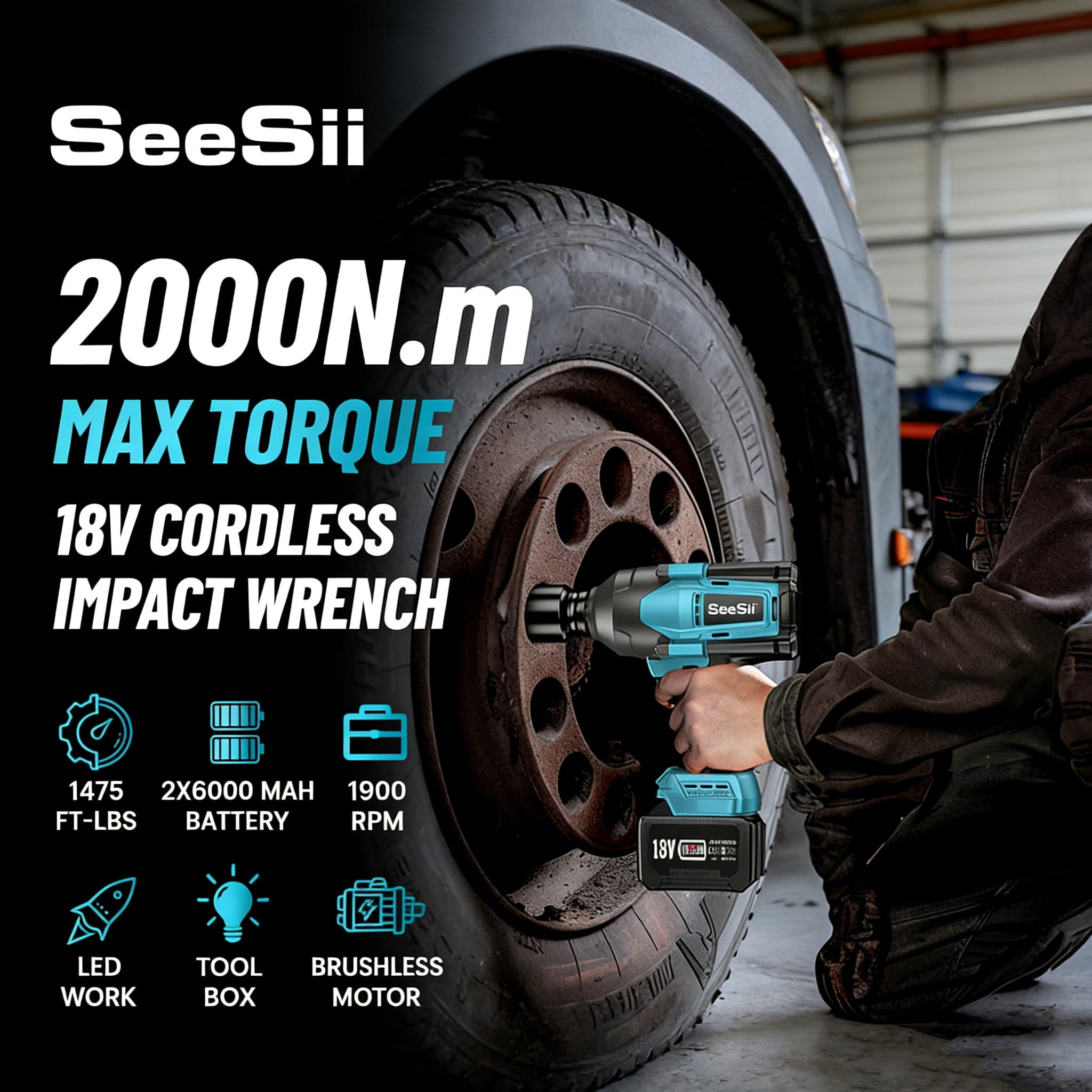 Seesii 3/4 in. Cordless Electric Impact Wrench Set 2000Nm, 1475ft-lbs High Torque Brushless Power Impact Gun 1/2‘’, 2x 6.0AH Battery, Fast Charger