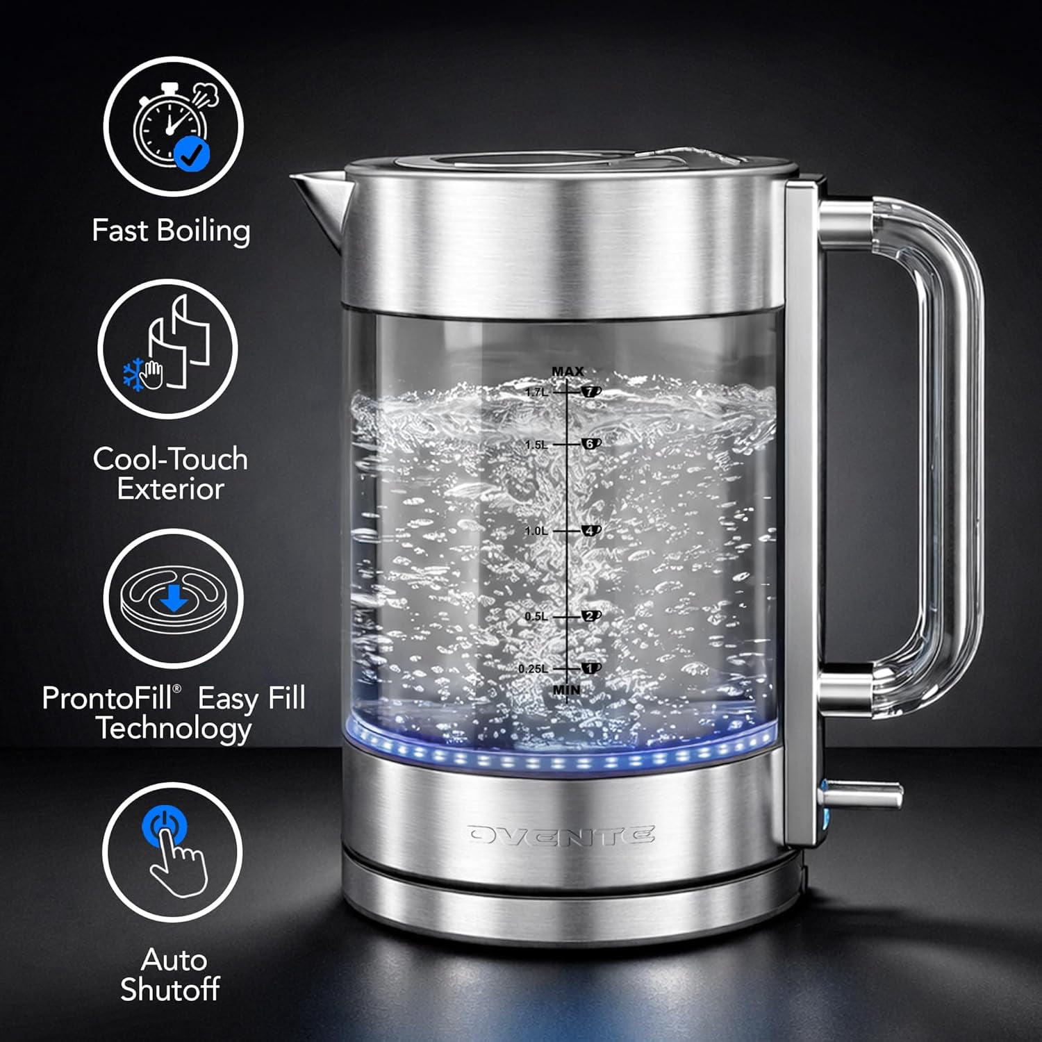 OVENTE Electric Kettle, 1.7L Double Wall Glass Tea Kettle with Stainless Steel Base, Acrylic Handle, 1500W Cordless Fast Boil Borosilicate Water Boiler, Easy Fill Lid & Auto Shut-Off, Silver KG912S