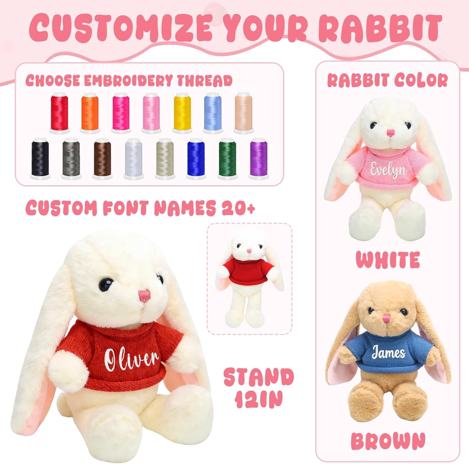 12'' Personalized Bunny with Embroidered Name, Easter Basket Stuffers, Custom Bunny Easter Birthday Gifts Brand: Rryoumisun
