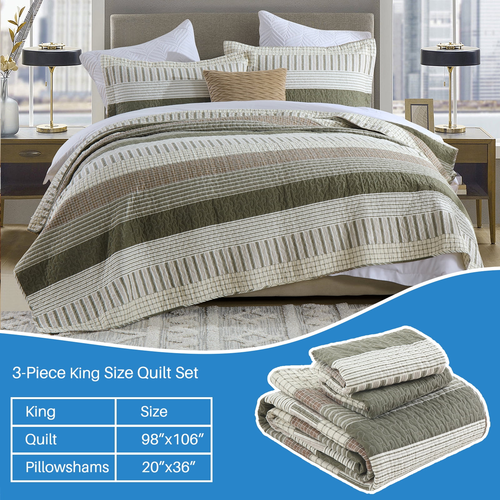 Bedduvit 100% Cotton King Size Quilt Set, Green Beige Brown Striped Lightweight King Quilt Bedspreads for Bed, Farmhouse Breathable King Quilt Coverlet/Bedding Set for All Season, 3-Piece (98"x106")