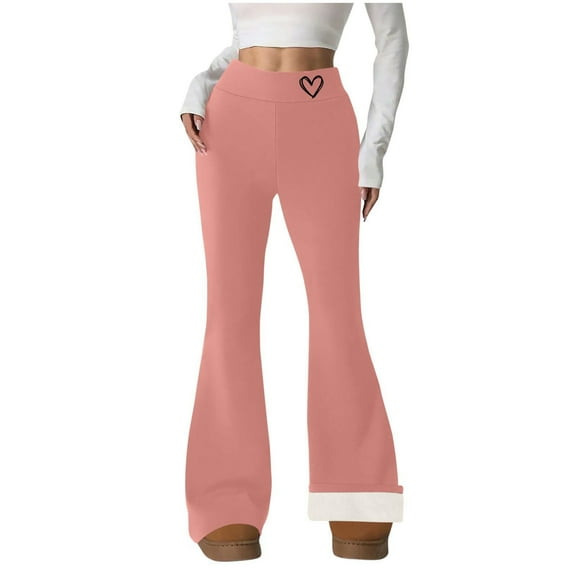SuTry Womens Pants Heart Print Flare Pants Fall Winter High Waist Fleece-Lined Cozy Stretch Yoga Gym Casual Active Bottoms(Pink,Pink)