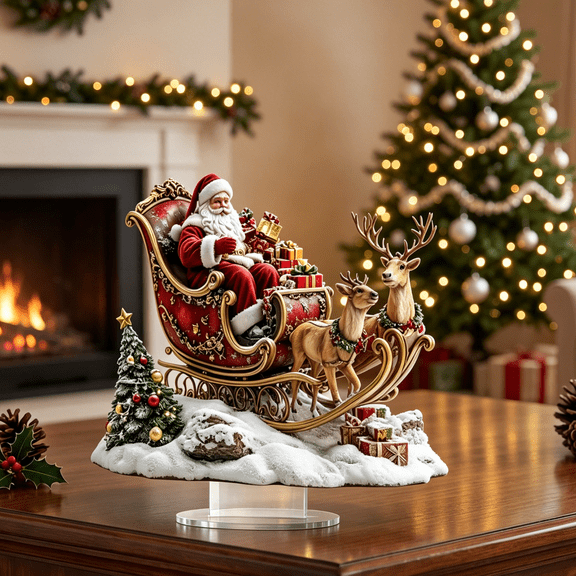 Lighted Christmas Snow Globe Scene, LED Acrylic Santa Sleigh Winter Ornament, Glowing Holiday Tabletop Wall Decor, Style B