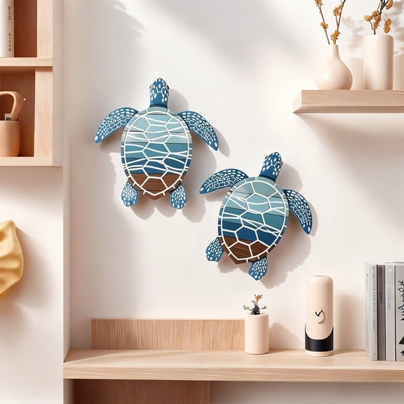 Miommo Set of 2 Wooden Sea Turtle Wall Decor Hand Painted Coastal Ocean Theme Art Blue and Brown Hanging Accent for Bathroom Living Room