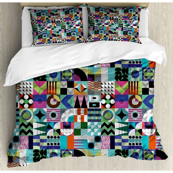 Mid Century King Size Duvet Cover Set, Mix of Various Different Geometric Shapes in Squares Funky Sixties Revival, Decorative 3 Piece Bedding Set with 2 Pillow Shams, Multicolor, by Ambesonne