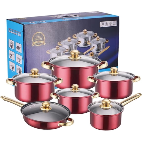 12-Piece Stainless Steel Cookware Set, Nonstick Pots and Pans Kitchen Set with Lids, Durable Induction Compatible, for Home, Restaurant, Gas & Electric Stoves – Red
