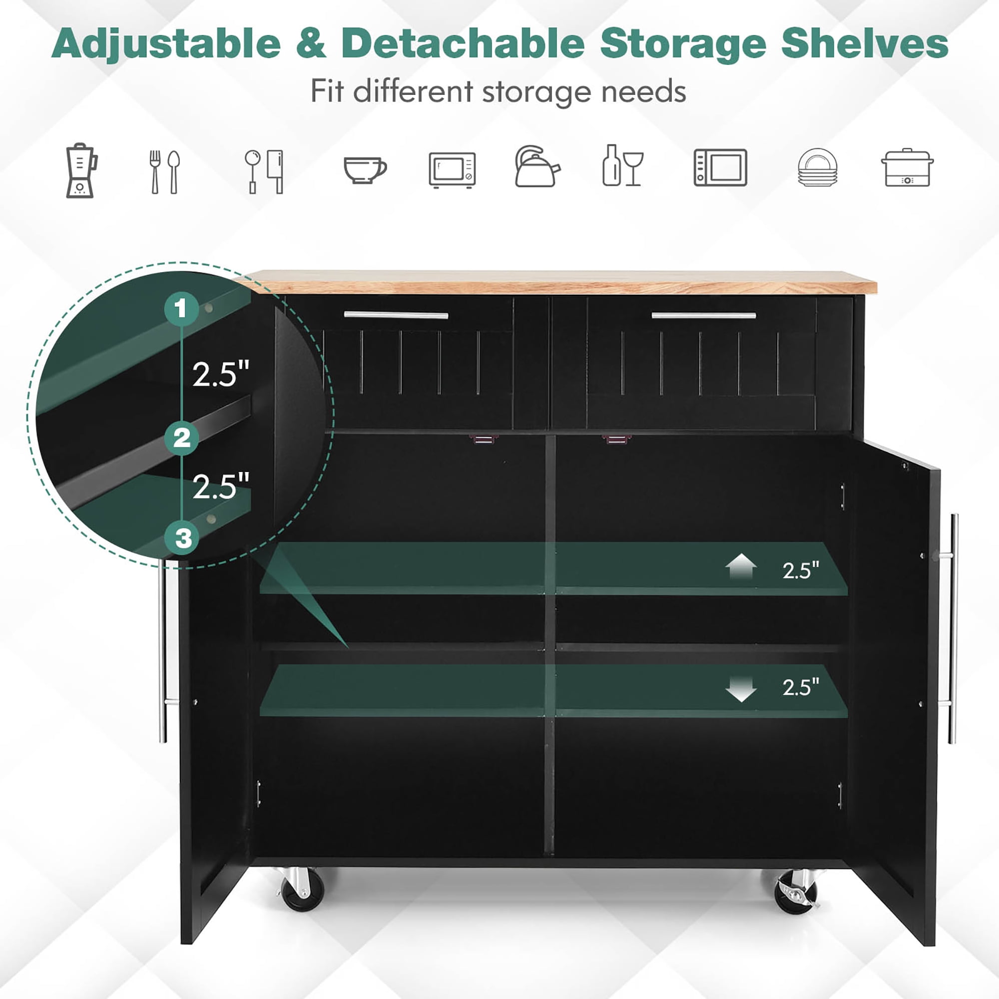 Costway Rolling Kitchen Cart Island Heavy Duty Storage Trolley Cabinet Utility Black