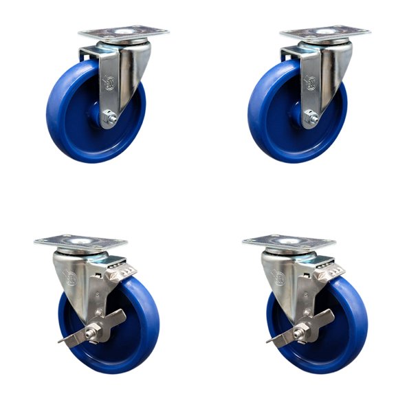 5 Inch Solid Polyurethane Wheel Swivel Top Plate Caster Set with 2 Brakes SCC
