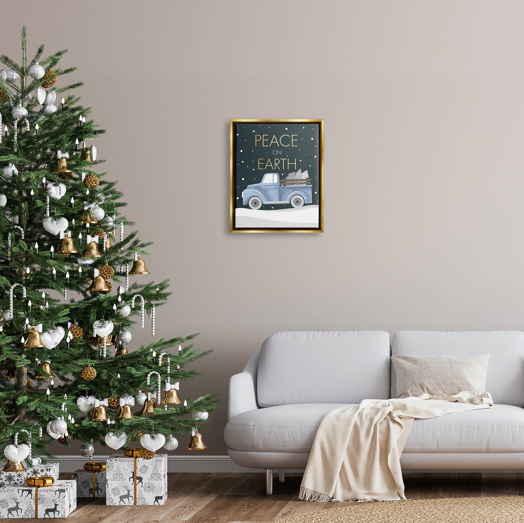 Stupell Industries Peace On Earth Snowy Truck Graphic Art Metallic Gold Floating Framed Canvas Print Wall Art, Design by Louise Allen Designs