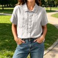 thumbnail image 4 of Qulqfy Lapel Women's Blouses Short Sleeve Solid Cotton Linen Casual Beige Spring Tops for Women Trendy Summer L, 4 of 7