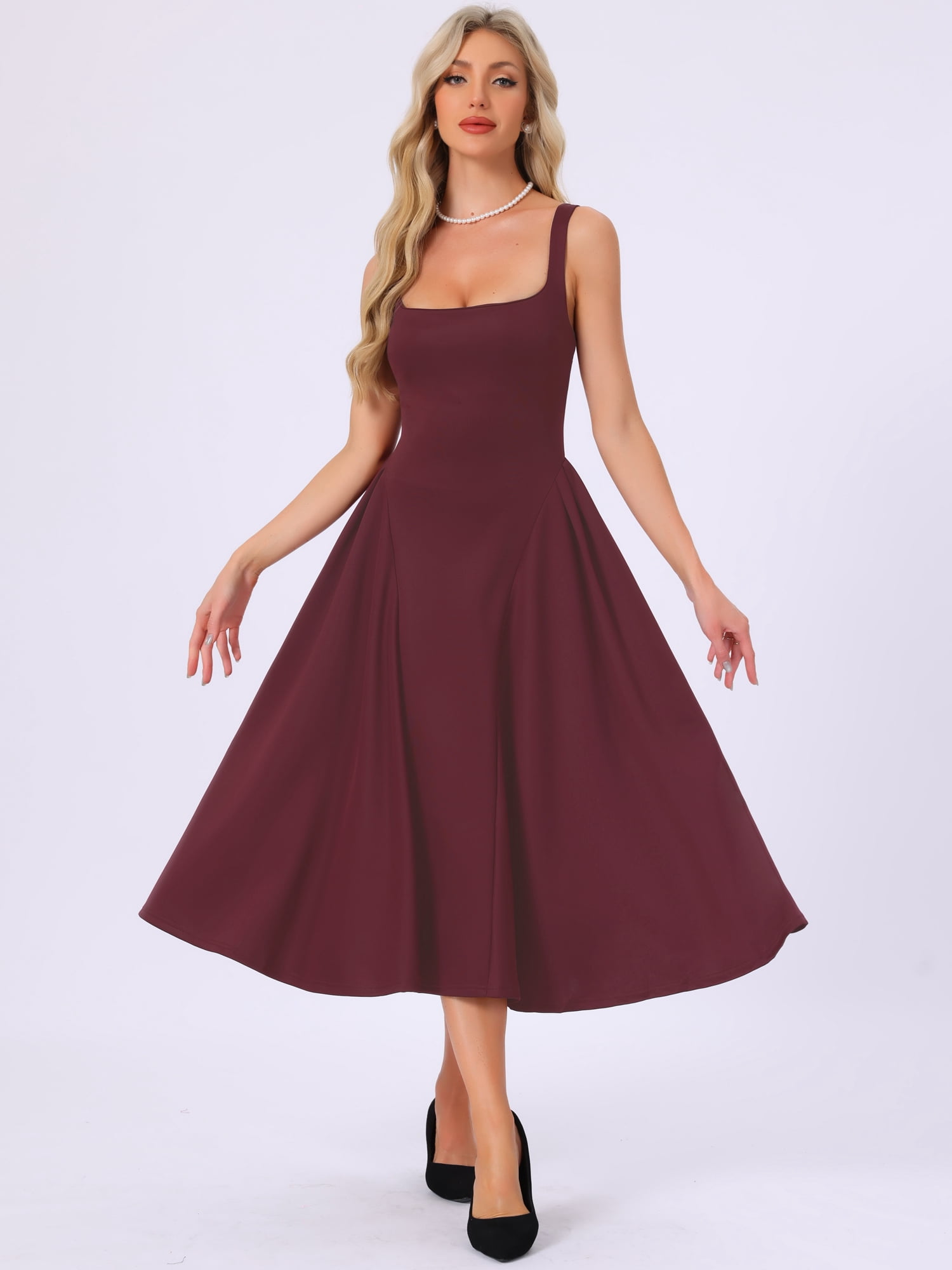 DARING DIVA Women's Sleeveless Square Neck A Line Cocktail Party Dress S Wine Red