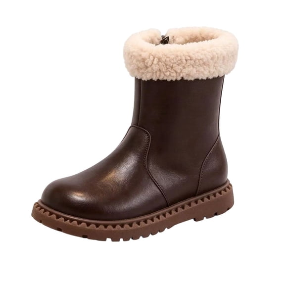 Gpaecead Kids Side Zipper Mid Calf Boots Faux Leather Waterproof Non Slip Fleece Lined Winter Warm Booties For Outdoor Brown