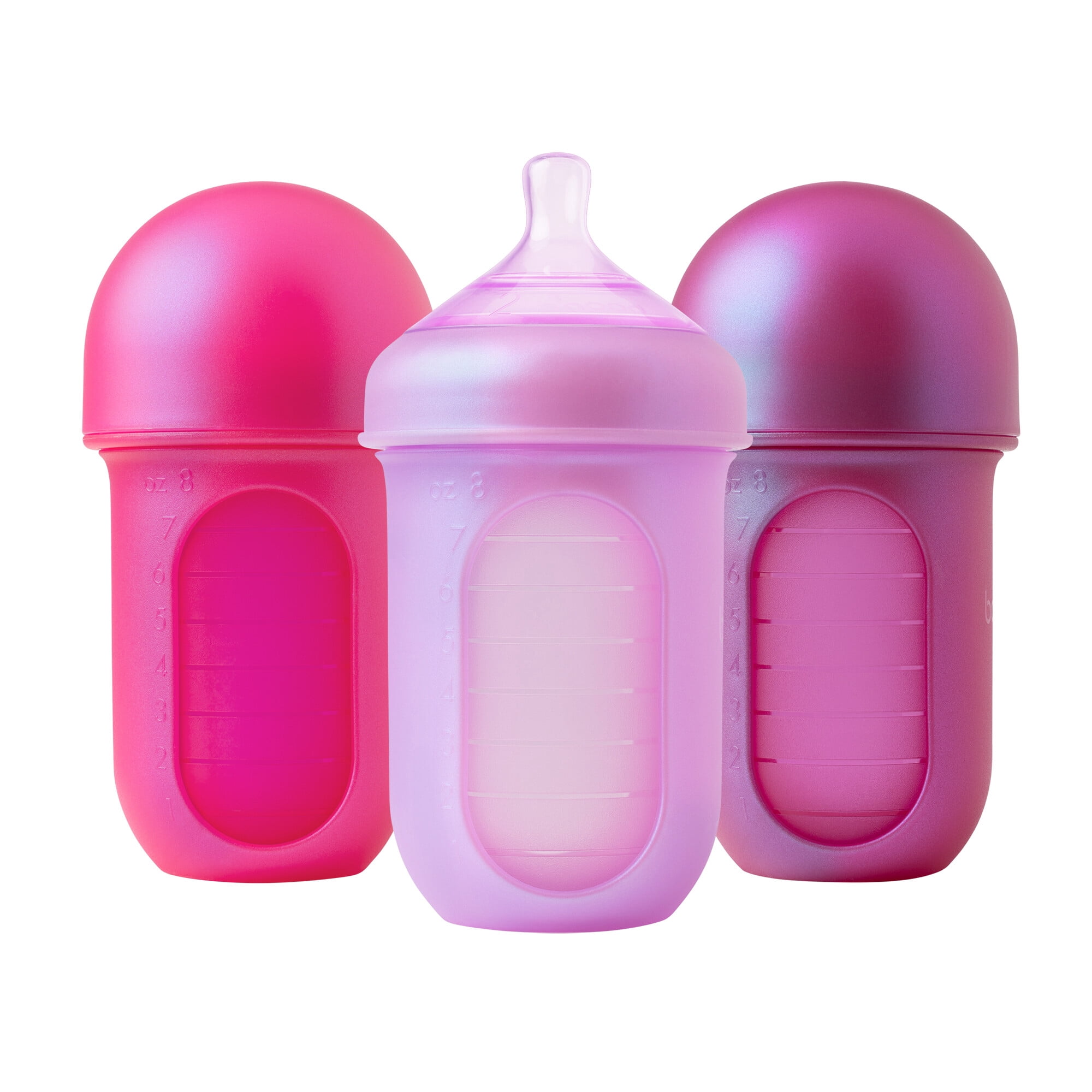 Boon NURSH® Reusable Baby Bottles with Platinum Food-Safe Silicone – Stage 2 Medium Flow – 8oz – Pink Iridescent (3pk)