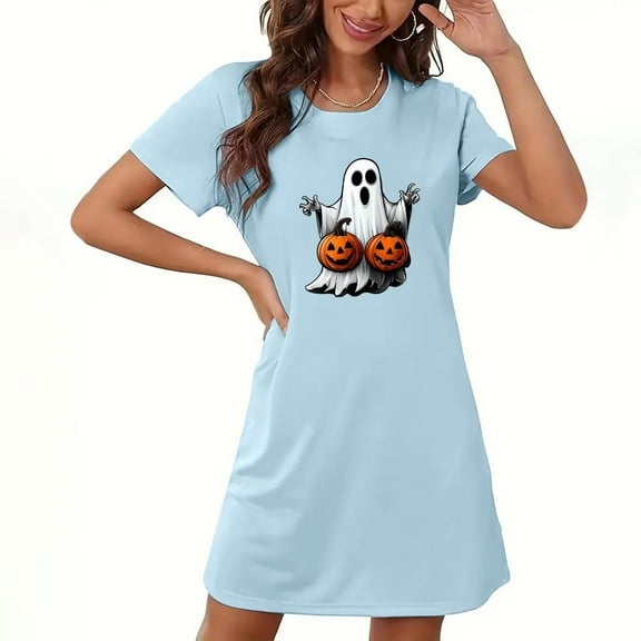 Womens Halloween Shirt Dresses Short Sleeve Crew Neck Halloween Skeleton Pumpkin Printed Loose Dresses