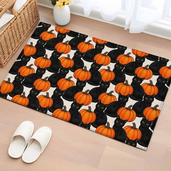 Halloween 2'x3' Washable Rug, Autumn Scary Black Cats Orange Pumpkin Non-Slip Soft Doormat Area Rugs for Entrance Bathroom Bedsides, Front Doormat Carpet for Kitchen Bedroom, Entryway Floor Mat