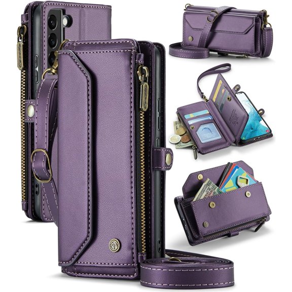 Wallet Case Compatible with Samsung Galaxy S22 6.1" RFID Blocking 7-Card Holder PU Leather Magnetic Snap Shoulder Strap Zipper Pocket Phone Case Fit for Samsung Galaxy S22