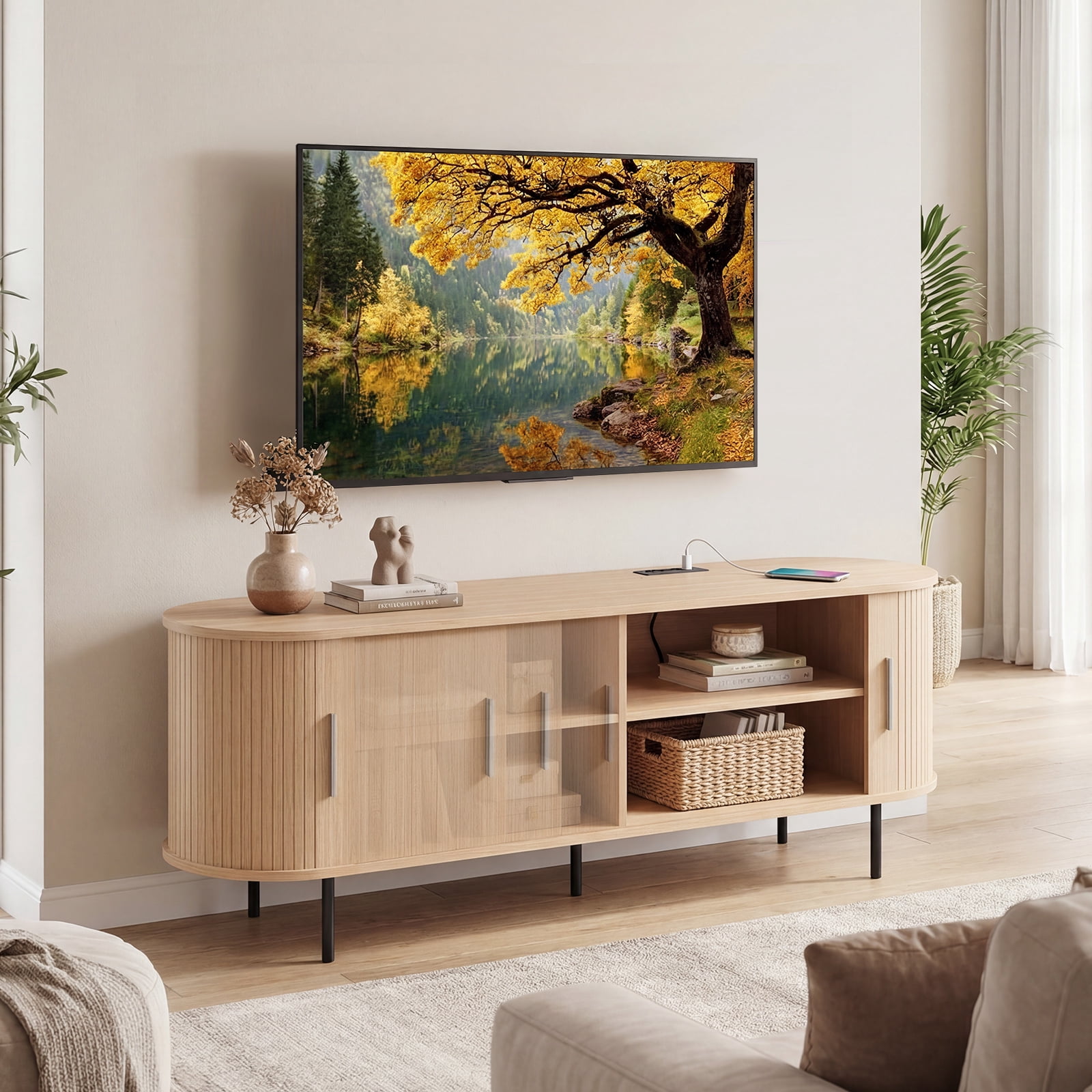 Costway Fluted TV Stand for TVs up to 60”, Mid Century Curved Entertainment Center Natural
