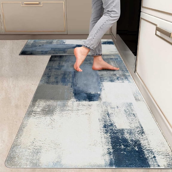 2 Pieces Kitchen Rugs, Abstract Anti Fatigue Non Slip Foam Cushioned Blue and Grey Art Painting Comfort Indoor Floor Mat Runner Rug Set for Laundry Office Sink Bathroom (17"x48" 17"x24")