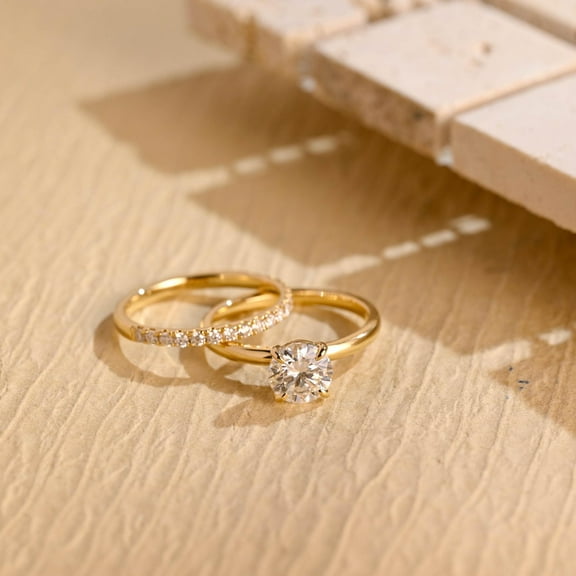 Blubell Jewels Bridal Ring Set Round Cut Cubic Zirconia, 14K Yellow Gold Finish, Engagement & Wedding Bands for Women