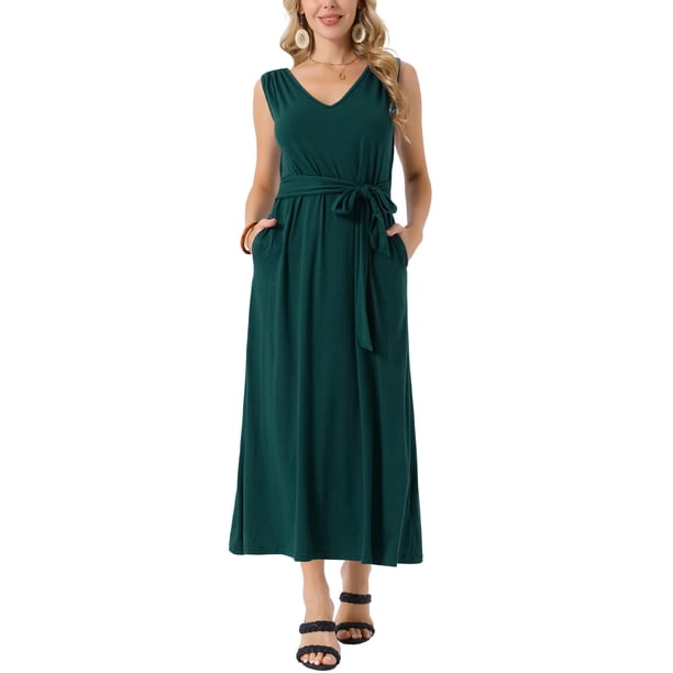 Vestido Maxi Sin Mangas para Mujeres Inspire Chic con Cintura Ajustable y Bolsillos L Verde Oscuro