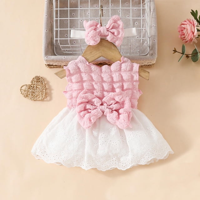 TopLLC Robe Sans Manches à Col Rond pour Filles, Couleur Unie, Dentelle avec Nœud, Bandeau, Ensemble Deux Pièces