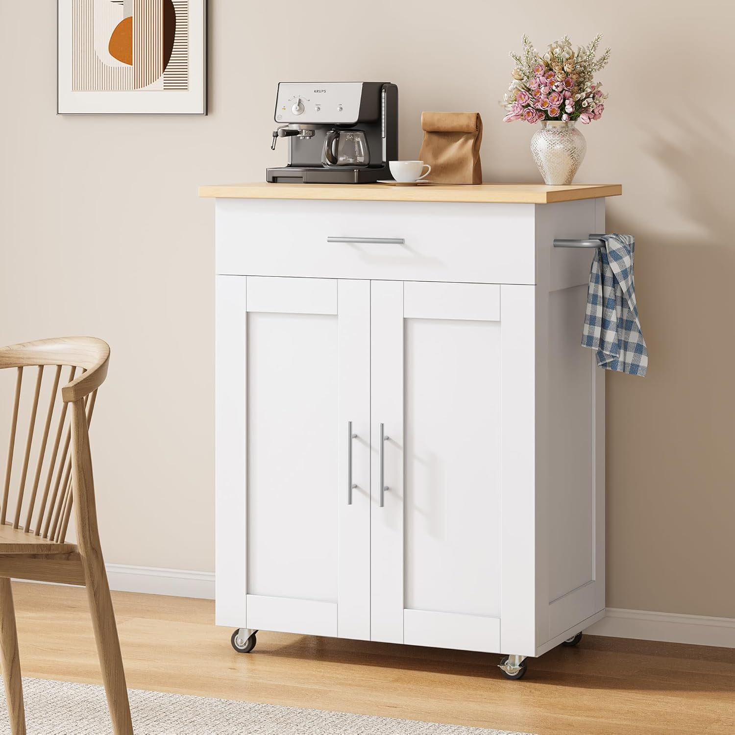 SELOOYE Kitchen Island Cart with Storage, Rolling Side Table, Large Worktop, Cabinet, Towel Rack, Drawers