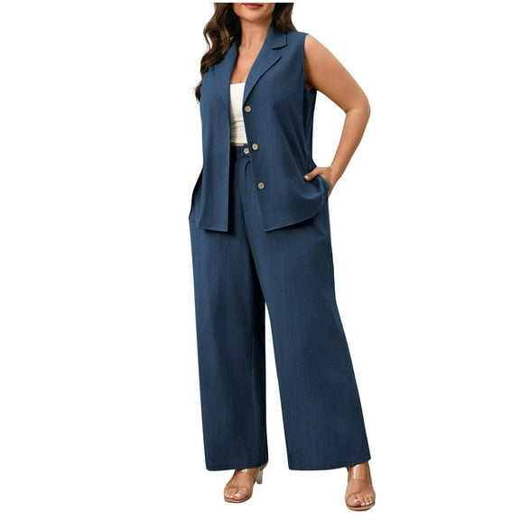 Oplxuo Women Suits 2 Piece Sets Button Lapel V Neck Sleeveless Blazer Vest and Wide Leg Pants Suit Matching Outfits