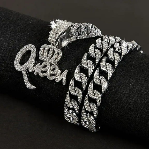 Women Punk Hip Hop Rhinestone QUEEN Letter Pendant Necklace Cuban Link Chain Clavicle Jewelry Gifts