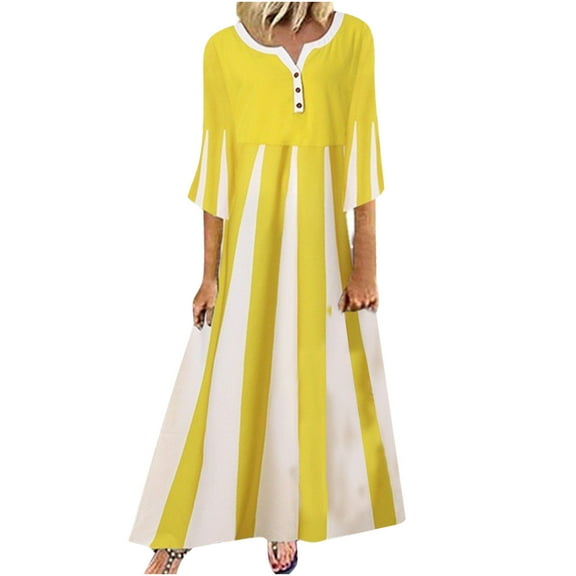 Dyegold Sundresses for Women Casual Beach - Dresses for Women 2023 Casual Round Neck Half Sleeve Striped Button Up Maxi Sundress ​Loose Summer Long ​Evening ​Dress