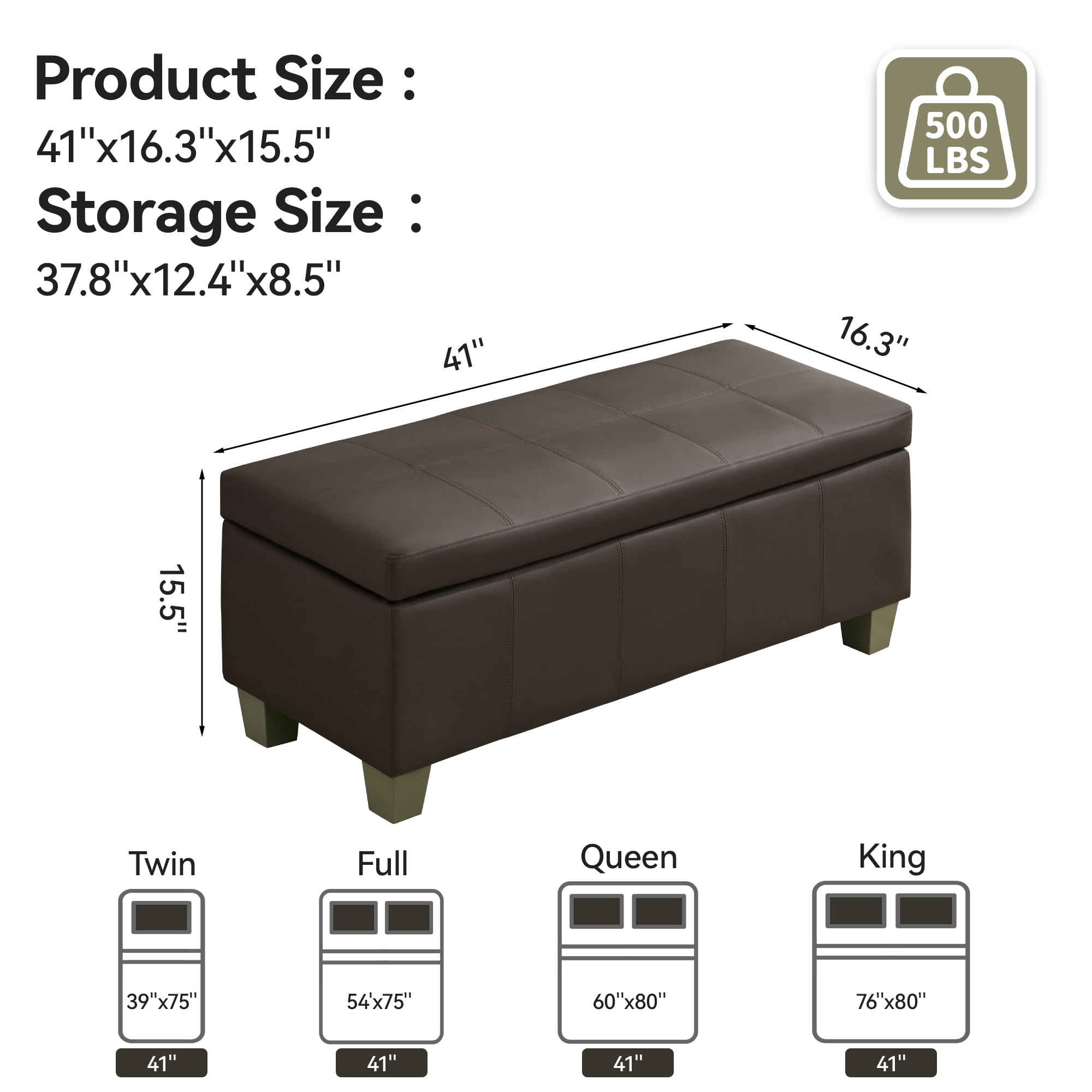 41'' Faux Leather Storage Ottoman Bench, Rectangle Upholstered End of Bed Storage Bench, Stitch Tufted Bedroom Bench with Storage, Entryway Large Storage Ottoman with Wooden Legs, Brown