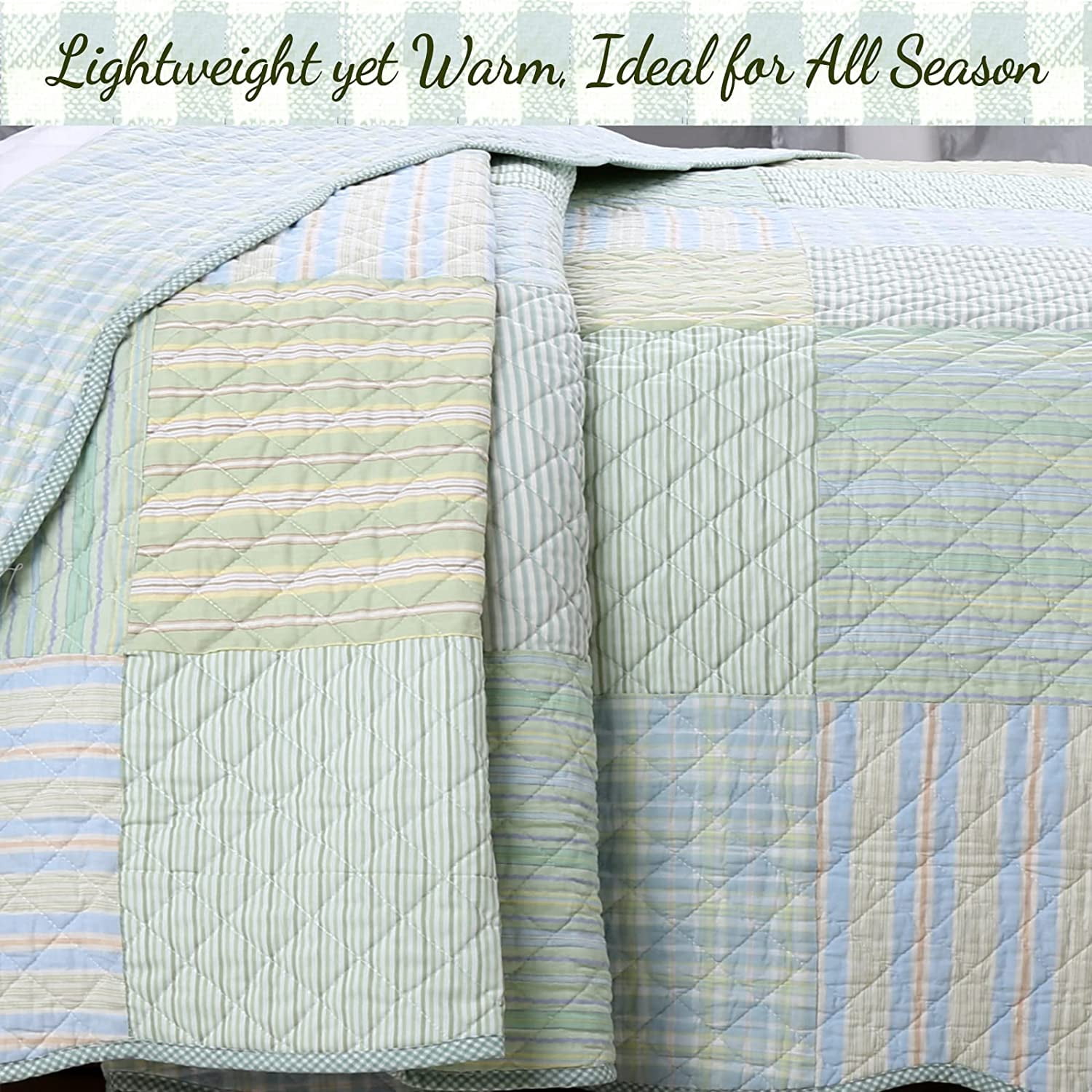 Cozy Line Home Fashions Cozy Line Square Patchwork Plaid Stripes Blue Green Cotton 3-Piece Reversible Quilt Bedding Set King