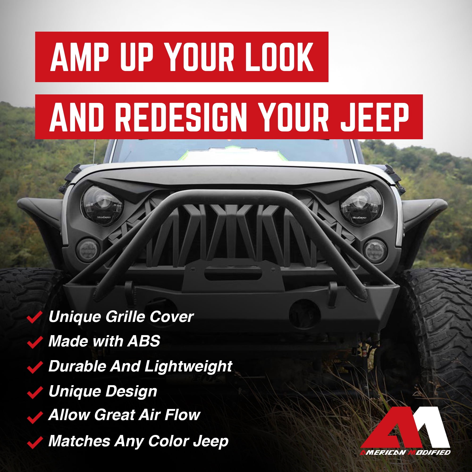 American Modified Shark Grille for 2007 to 2018 Jeep Models, Matte Black