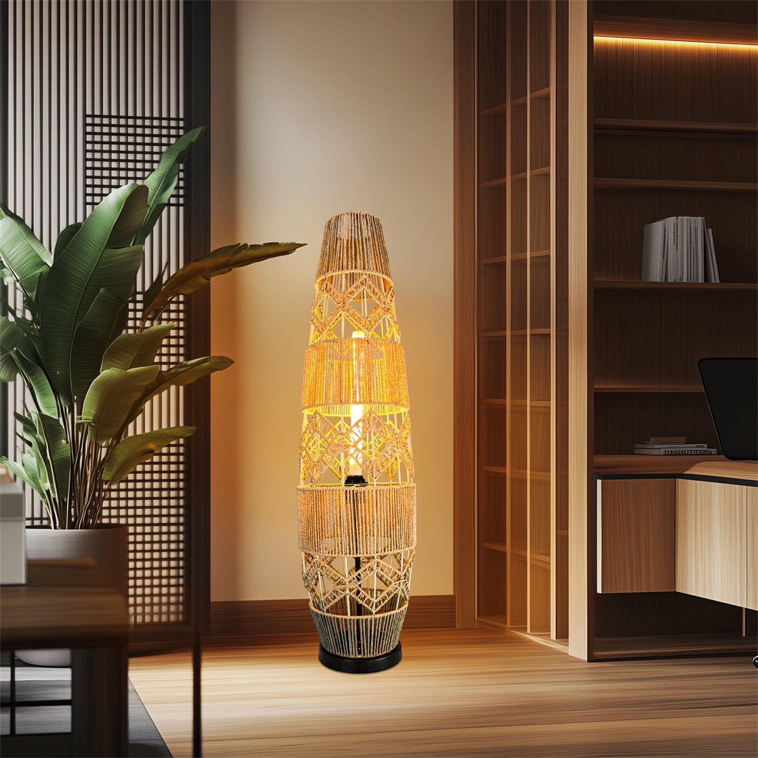 LUVODI 36.61 inch Standing Lamps 3 Color Temperatures Woven Wicker Boho Lantern Bedside Floor Lamp with Foot Switch