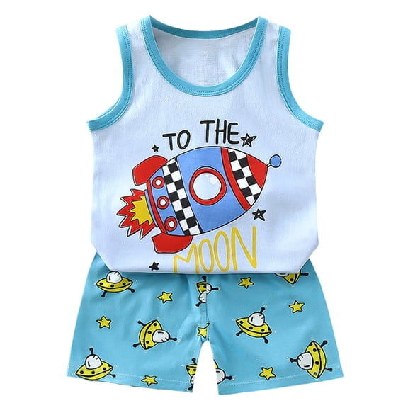 Caqnni Toddler Baby Boys Summer Outfits Short Sleeve Cartoon Print T-Shirt Tops & Elastic Shorts Sets 2Pcs Cute Baby Boys Cotton Summer Summer Pjs Pajamas & Dailywear Set 3-9 Months,Light Blue